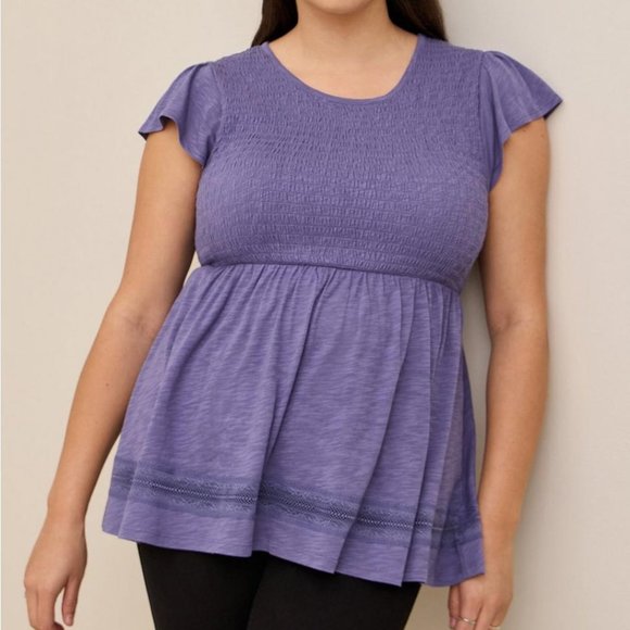 Torrid - Size 2 - Babydoll Crew Neck Smocked Bodice Lace Inset Top - Picture 2 of 4